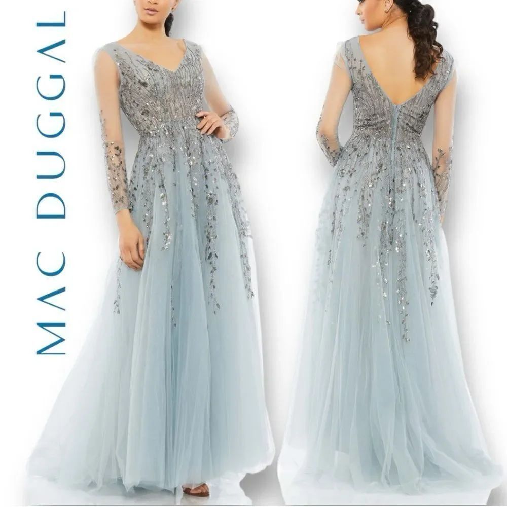 MAC DUGGAL Women’s Embellished V-Neck Long Sleeve A-Line Gown in the Size 6